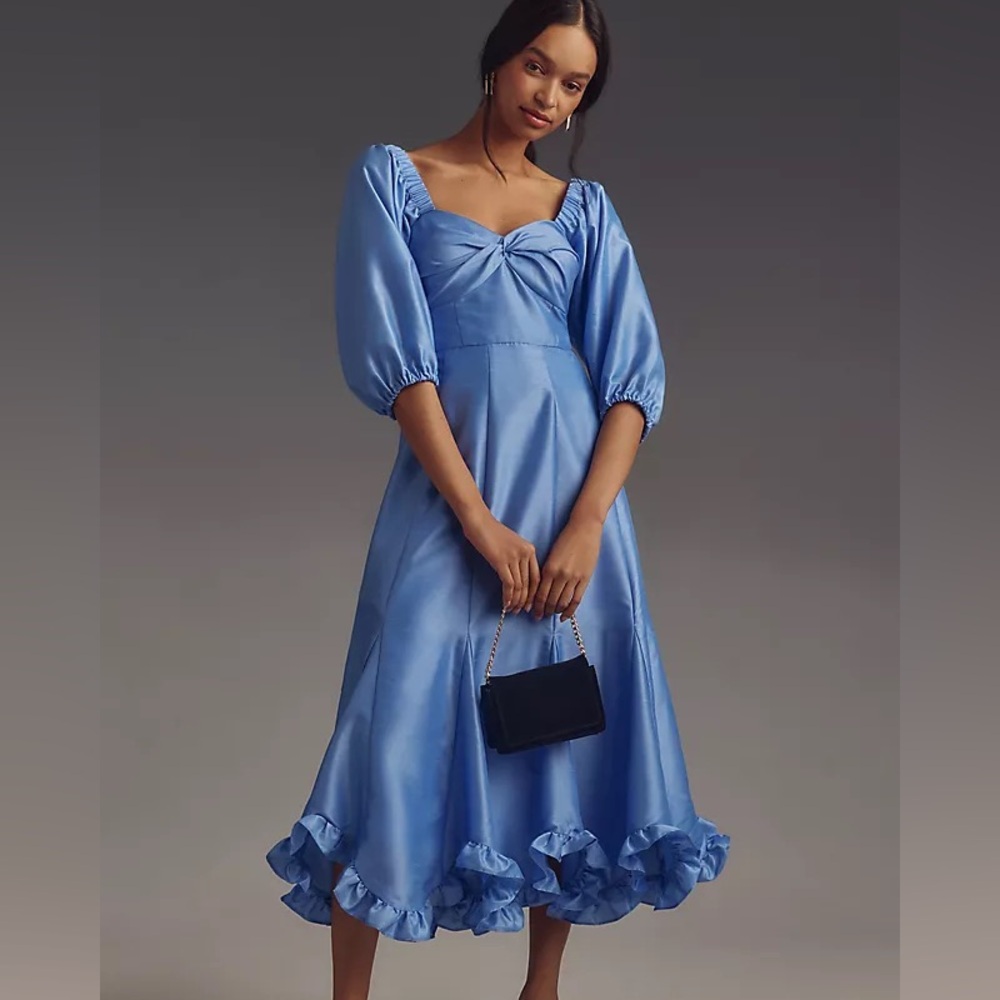 Hutch Printed Twist-front Puff Sleeve Ruffle Hem Midi Dress Anthropologie